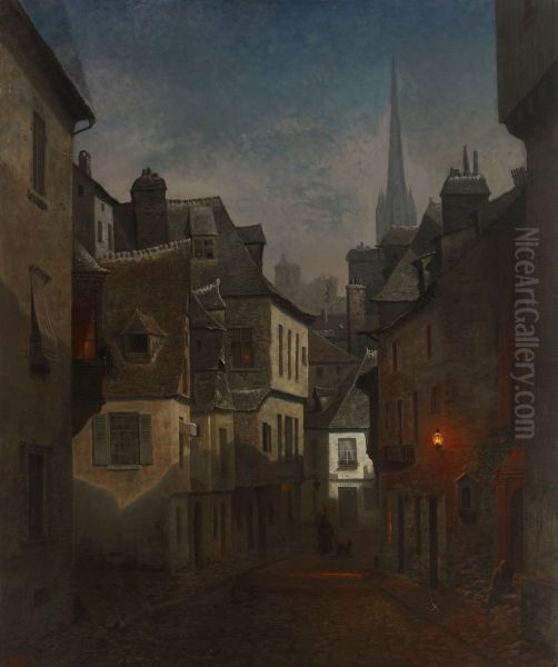 Street in Quimper, Brittany, Nocturnal View Oil Painting by Oscar Kleineh
