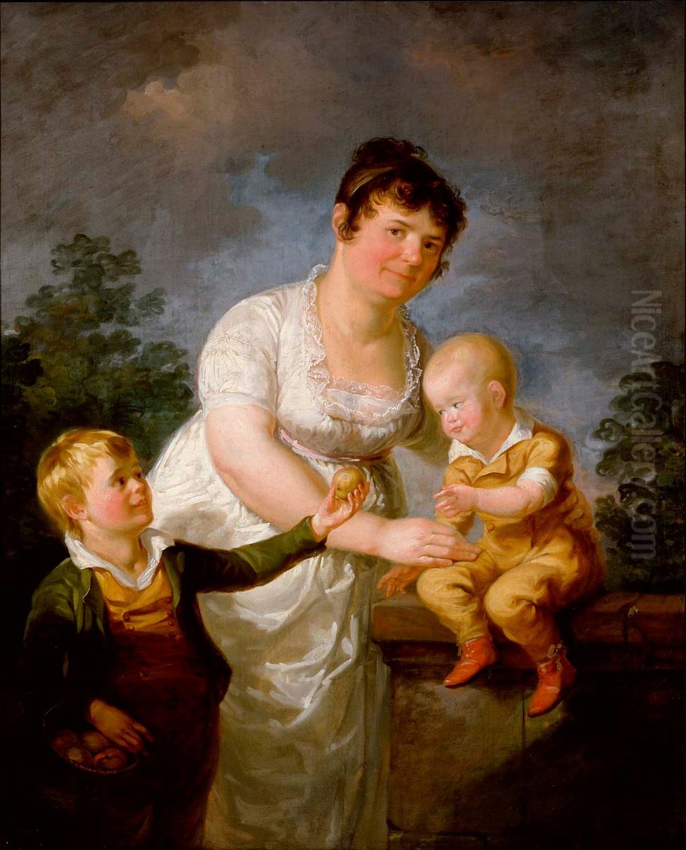 Portratt av Mariana Juliana Winqvist och hennes tva soner Oil Painting by Aleksander Laureus