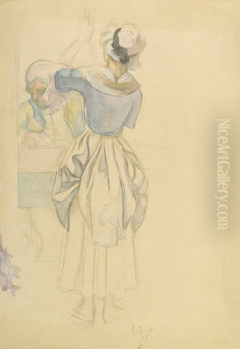 Figuuriharjoitelma maalaukseen Aurora-seura (lamppua sytyttava tytto ja poydan takana istuva mies) ; keskenerainen Oil Painting by Eero Jarnefelt