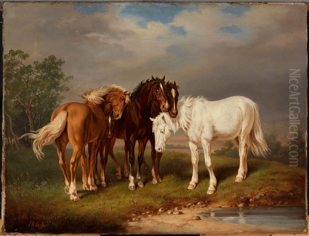 Horses, after Carl Wahlbom Oil Painting by Magnus Von Wright