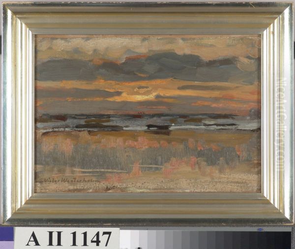 Aurinko laskee pilveen merenrannalla Oil Painting by Victor Westerholm