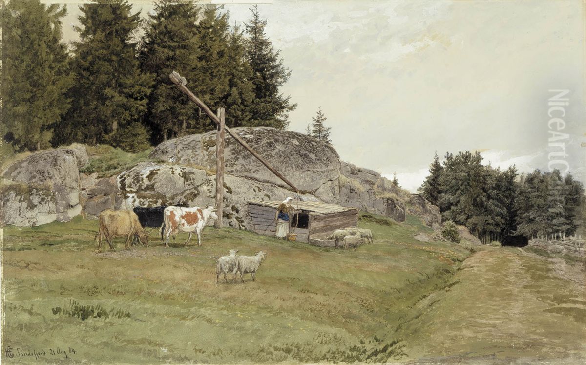 Landskap fran Sandefjord Oil Painting by Hans Gude Landskap fran Sandefjord Oil Painting by Hans Gude