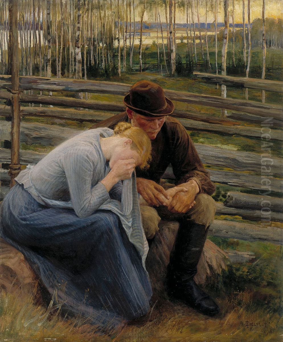 Sorrow, Variation of the Illustration for the Poem At the Fair of Vernamo ; Sorrow Oil Painting by Albert Edelfelt
