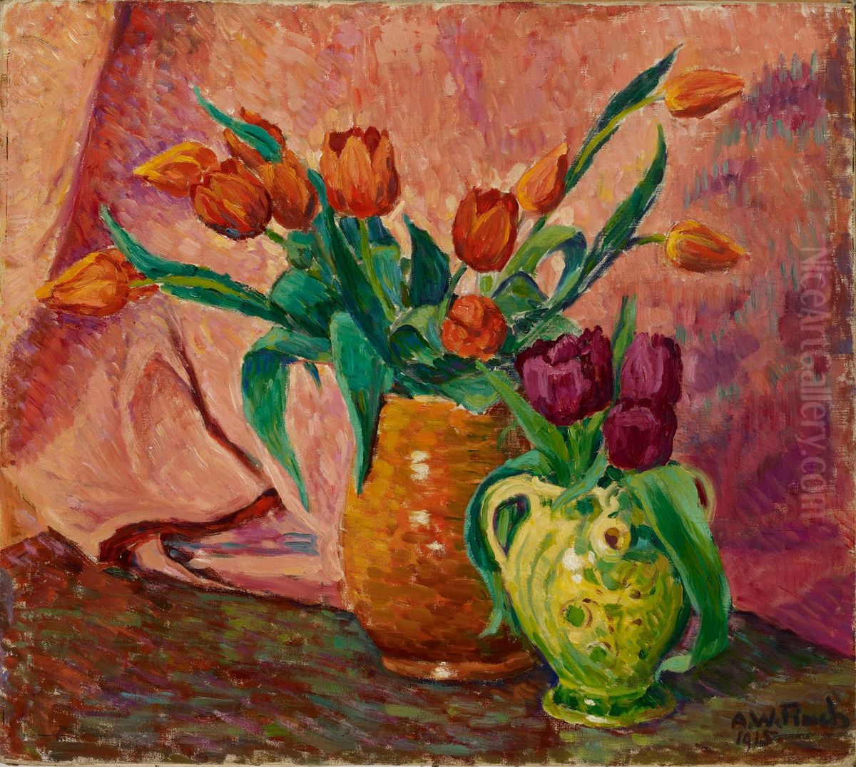 Two Vases with Tulips Oil Painting by Alfred William Finch