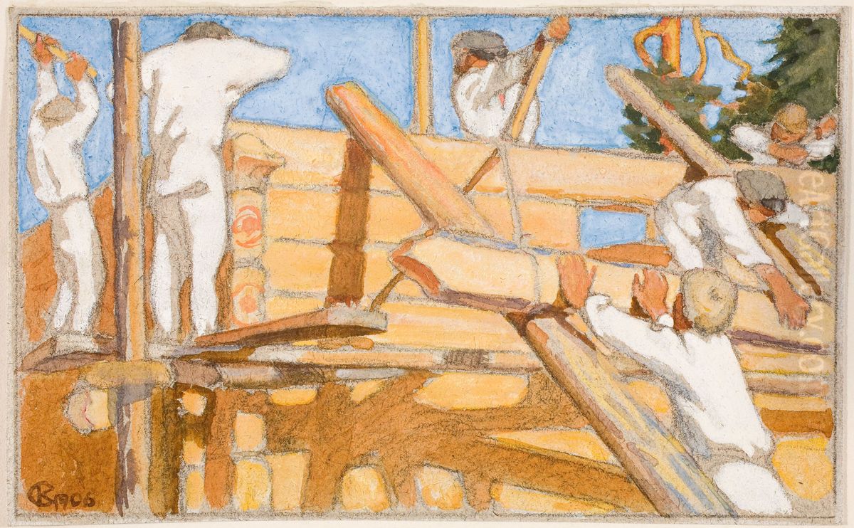 A House of Stout Logs Oil Painting by Akseli Valdemar Gallen-Kallela