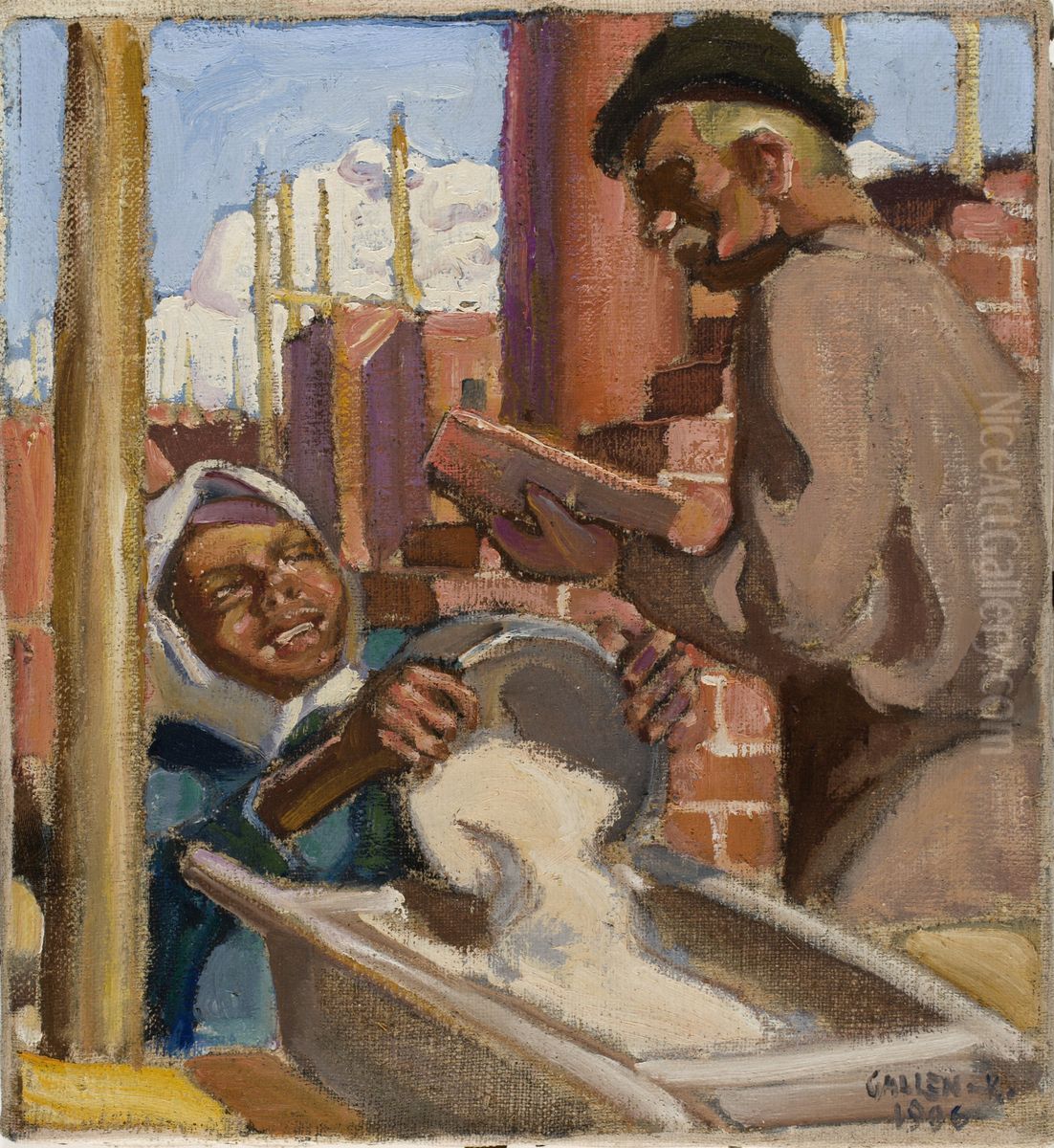 Rakennuksella Oil Painting by Akseli Valdemar Gallen-Kallela