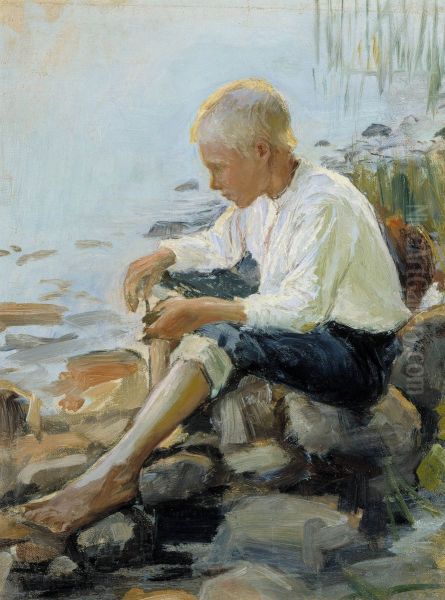 Gosse pa stranden Oil Painting by Pekka Halonen