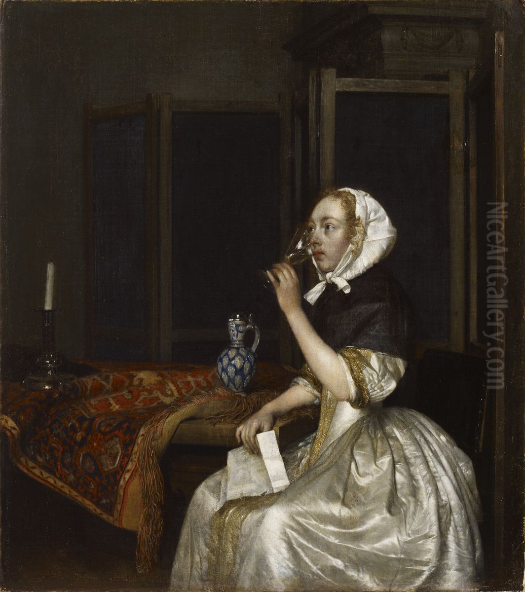 Jeune femme buvant du vin Oil Painting by Gerard Ter Borch