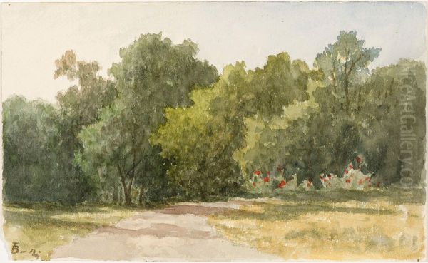 Parklandskap med lovtrad samt sandgang i figur Oil Painting by Tore Billing