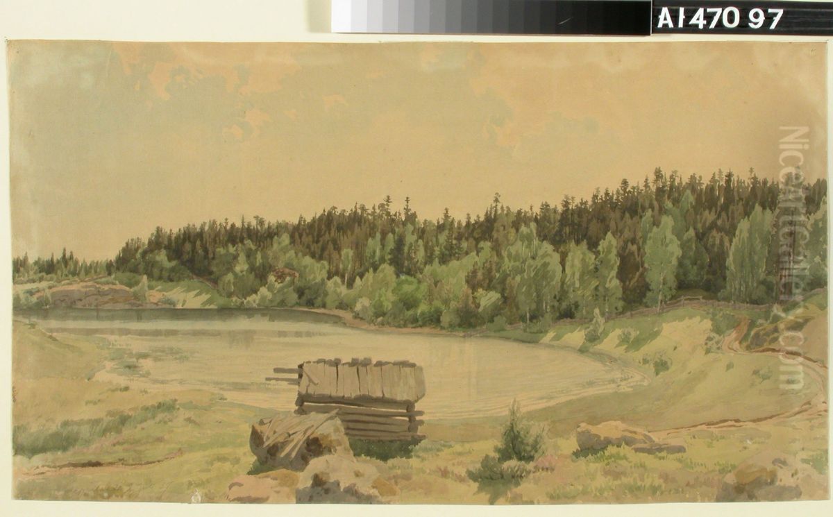 Jarvenlahtimaisema, etualalla vanha lato ja taustalla metsainen ranta Oil Painting by Werner Holmberg