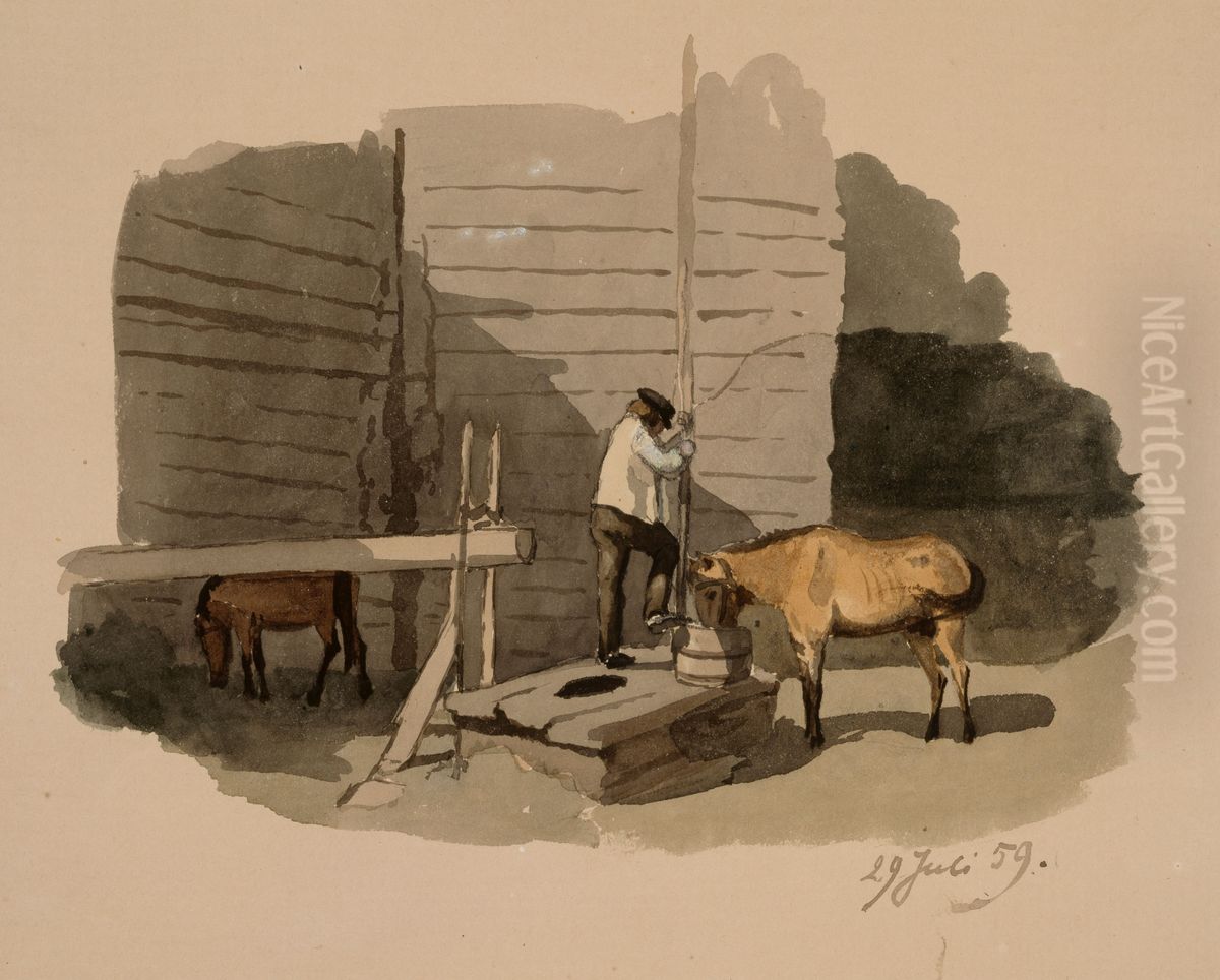 Frithjof Federley juottaa kaivolla hevostaan Oil Painting by Werner Holmberg