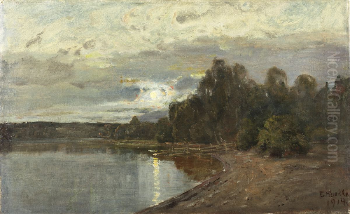 Insjolandskap med mansken Oil Painting by Elias Muukka