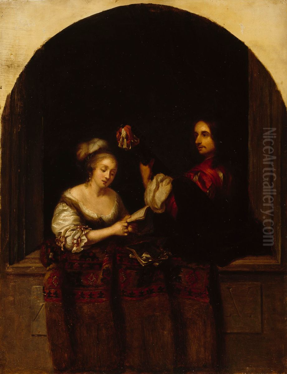 Laulava nainen ja kitaraa soittava herra, kopio Caspar Netscherin mukaan Oil Painting by Ida Silfverberg