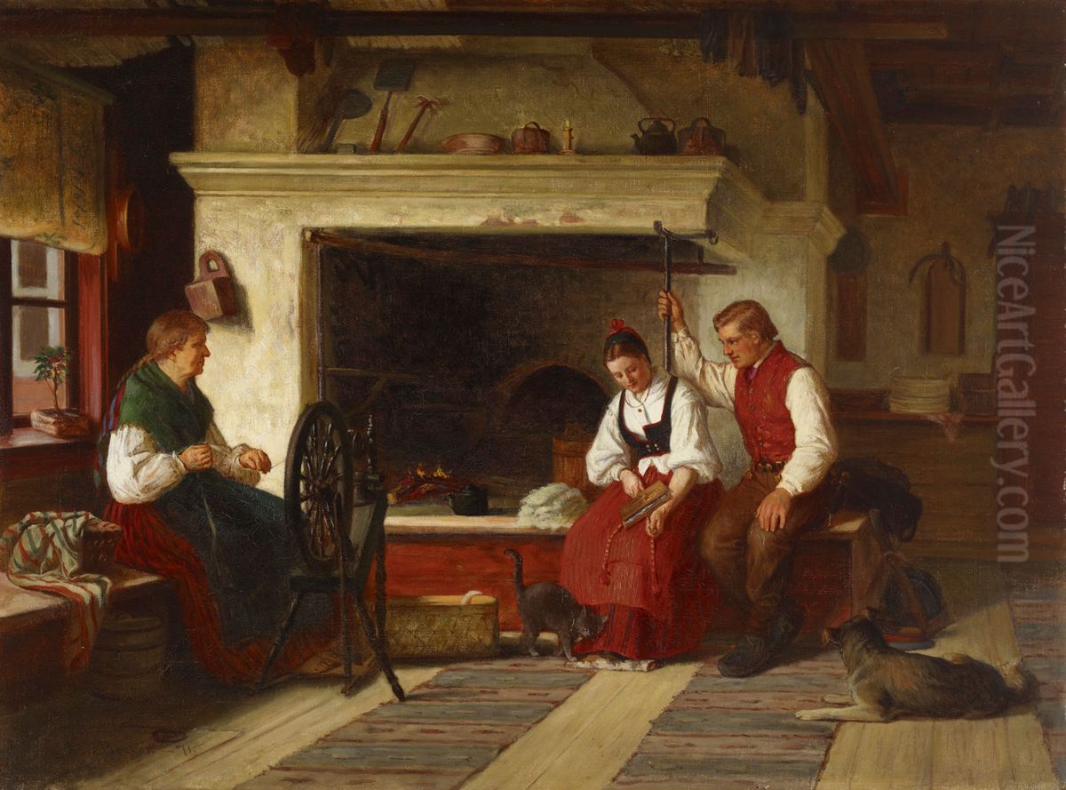By the Hearth, an Ostrobothnian Courting Scene Oil Painting by Adolf von Becker