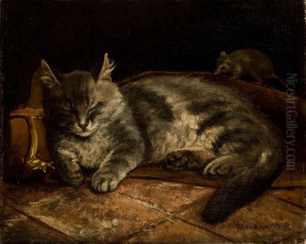 Nukkuva harmaa kissa ja rotta Oil Painting by Adolf von Becker