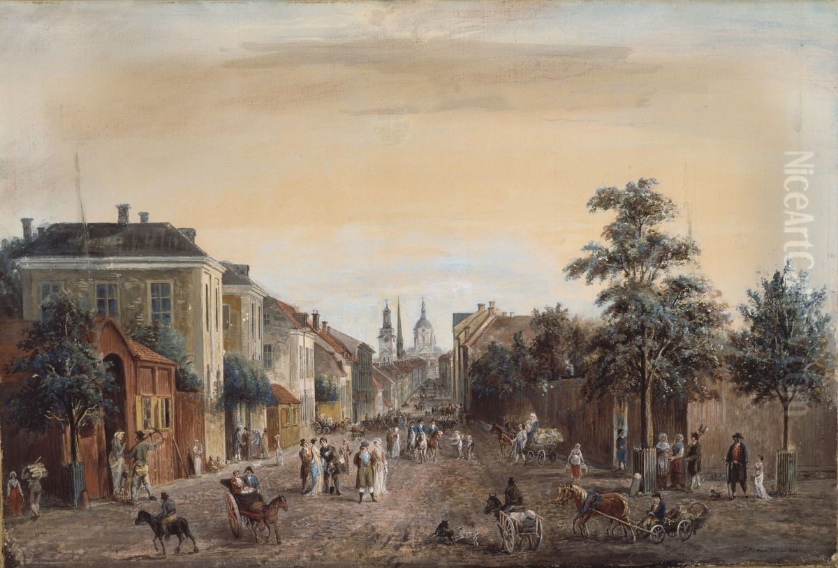 Street in Stockholm (Drottninggatan) Oil Painting by Elias Martin