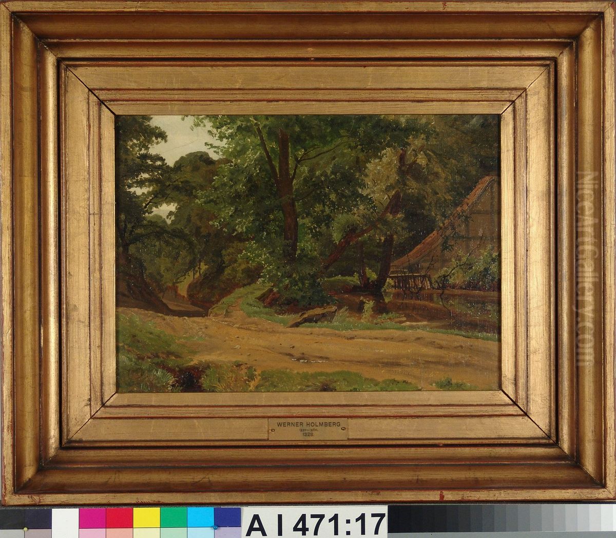 Tie ja rakennus maisemassa Oil Painting by Werner Holmberg
