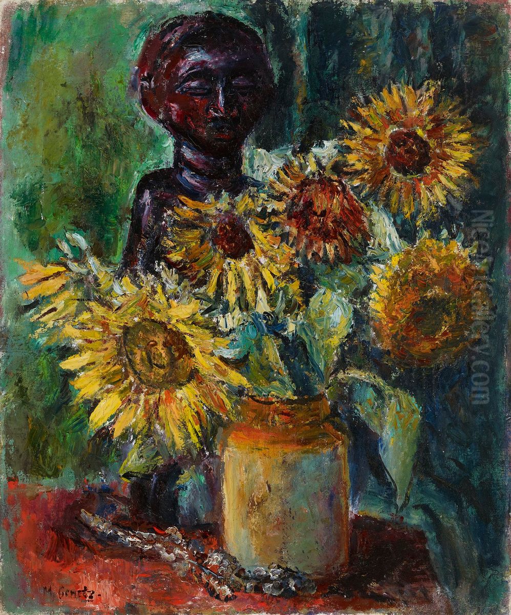 Sun Flowers and a Female Figure Oil Painting by Meri Genetz