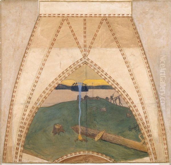 Heathendom and Christendom, Sketch for the cupola frescos of the Finnish Pavilion in Paris Oil Painting by Akseli Gallen-Kallela