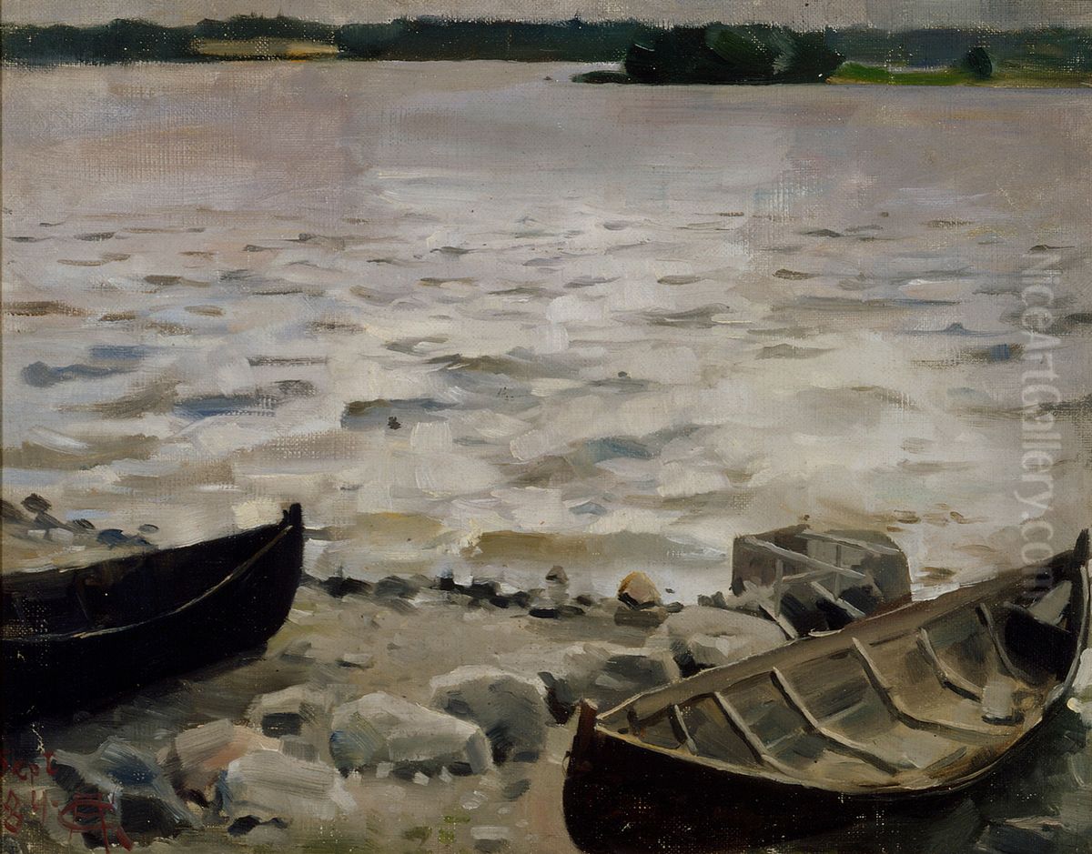 Boats on the Shore Oil Painting by Akseli Valdemar Gallen-Kallela