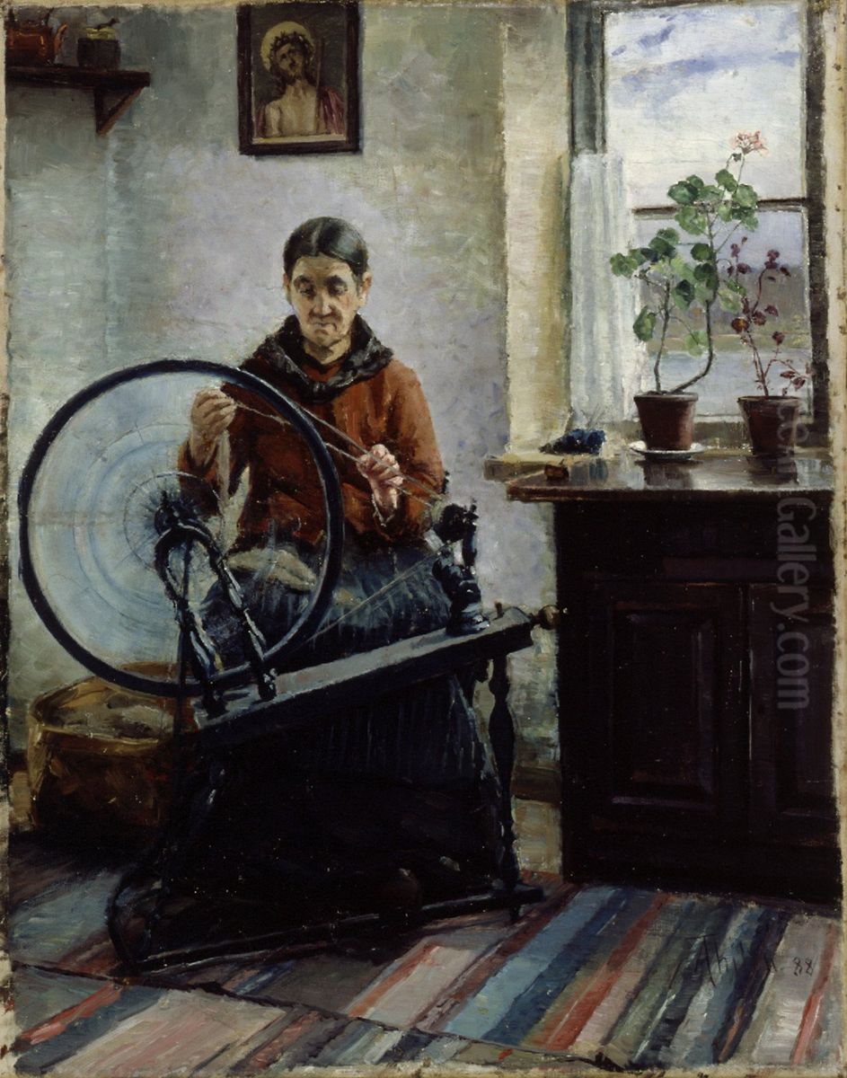 At the Spinning Wheel Oil Painting by Ada Thilen