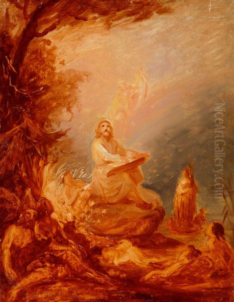 Vainamoinen Playing the Kantele, sketch Oil Painting by Robert Wilhelm Ekman