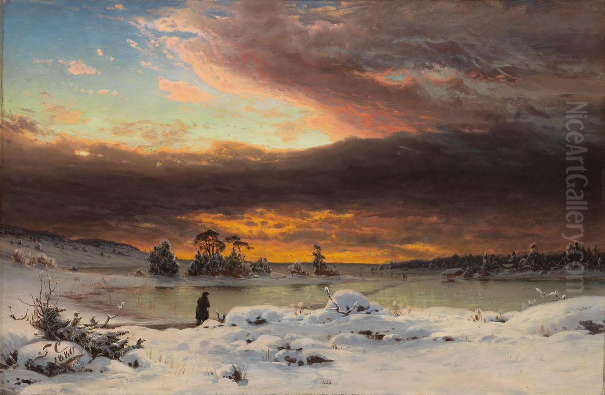 Talvimaisema, iltatunnelma; Talvimaisema, auringon mailleen mentya Oil Painting by Fanny Churberg