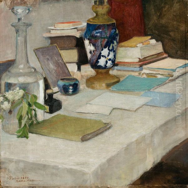 Stilleben med bocker, vas och vattenkaraffin Oil Painting by Pekka Halonen