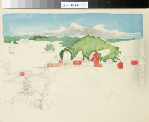Punainen talo jarvenrannalla, maisema ; keskenerainen Punainen talo jarvenrannalla, maisema ; keskenerainen