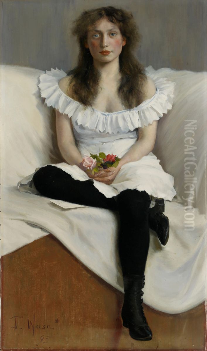 Nuoren valkopukuisen naisen muotokuva Oil Painting by Torsten Wasastjerna