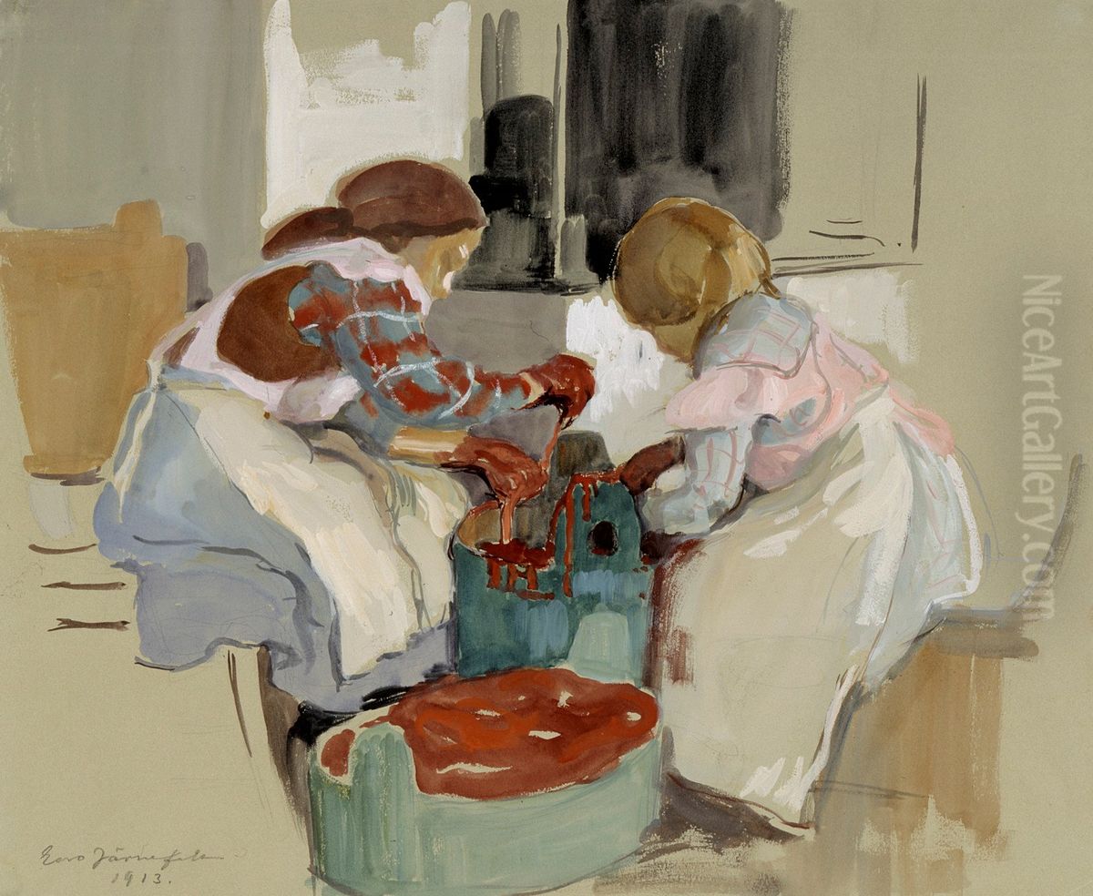 Tva flickor som farja tyg Oil Painting by Eero Jarnefelt