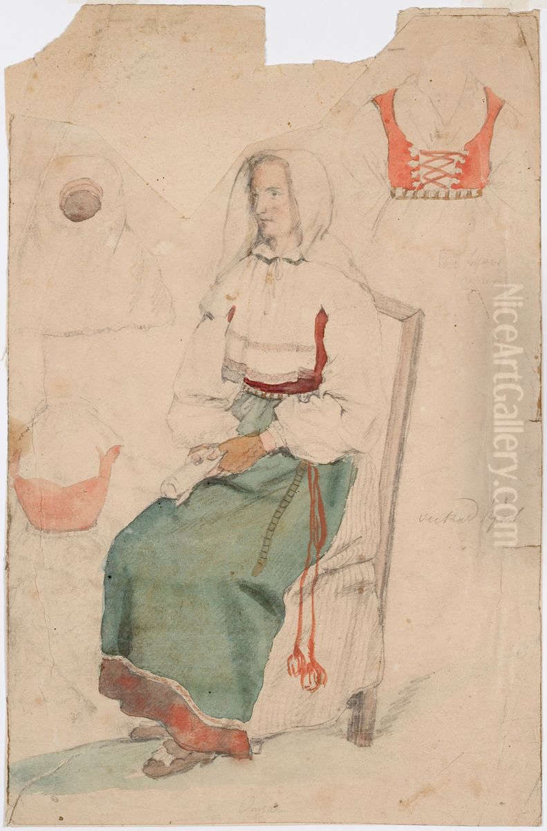 Kadet sylissa istuva nainen. Sivuilla harjoitelmat kolmesta vaatekappaleesta. Oil Painting by Robert Wilhelm Ekman