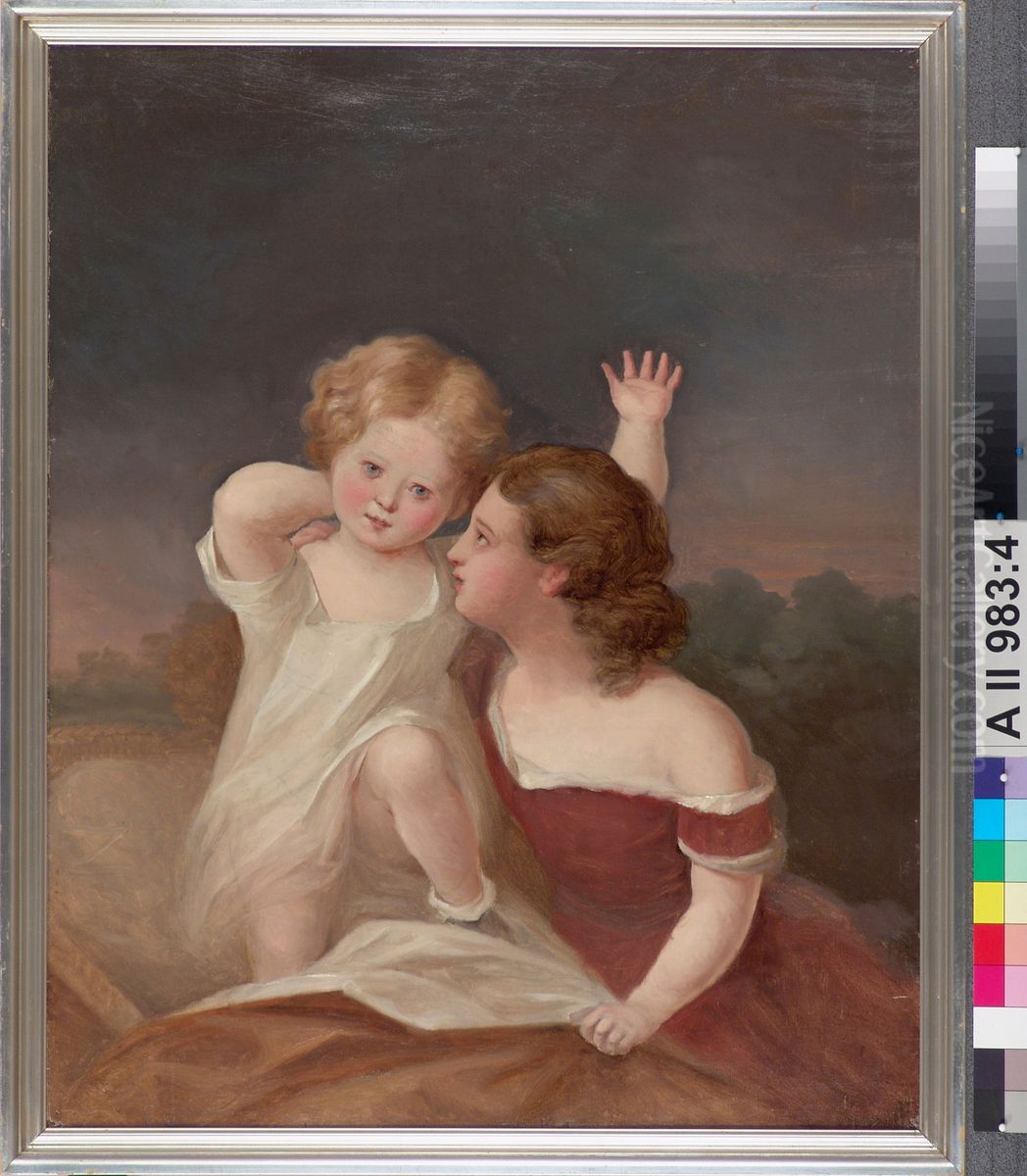 A Child and a Young Girl, Portrait Sketch Oil Painting by Berndt Godenhjelm