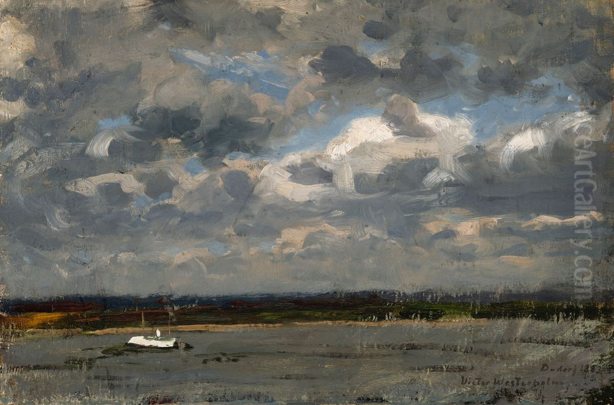 View over the Rhine at Dusseldorf Oil Painting by Victor Westerholm