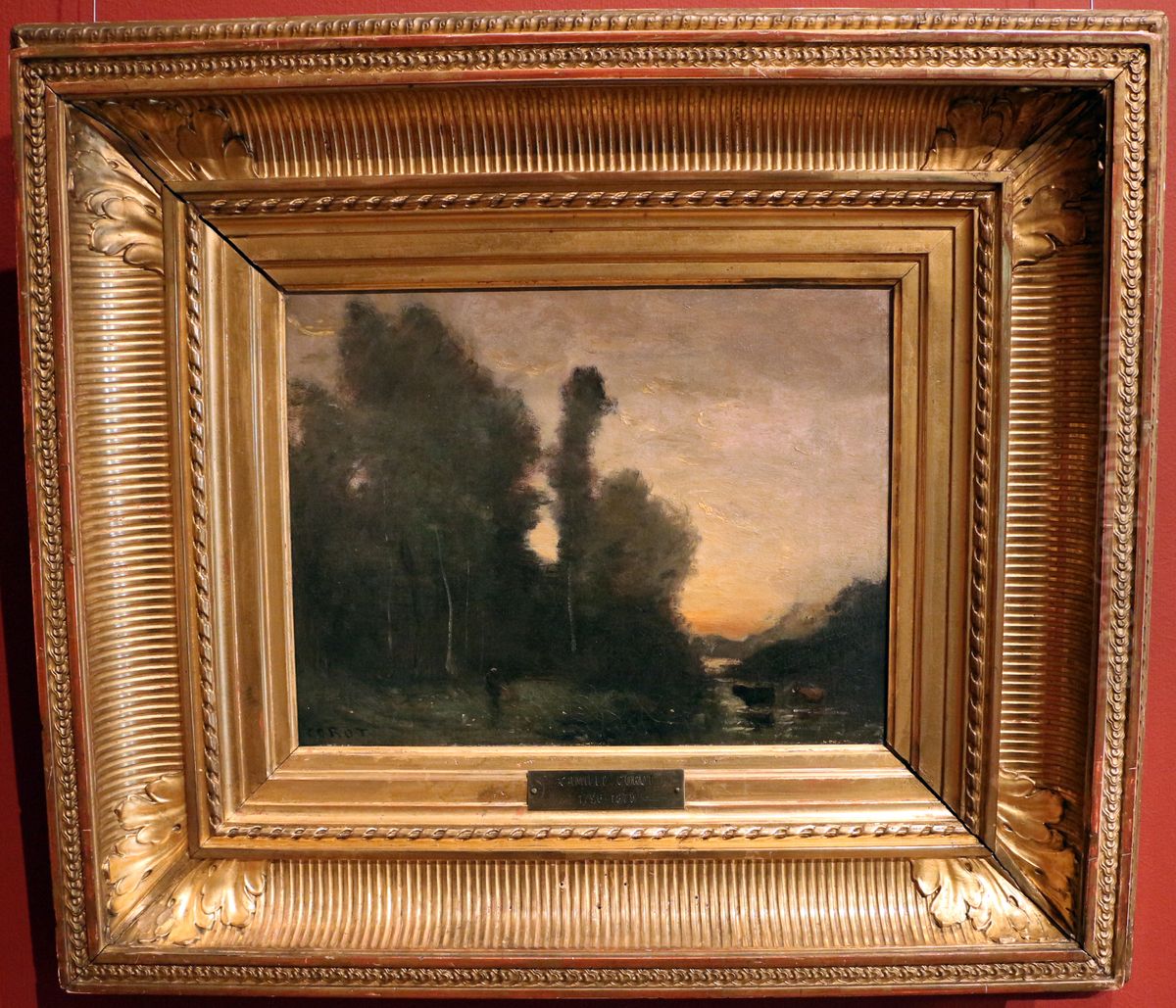Landskap, aftonstamning Oil Painting by Jean-Baptiste Camille Corot