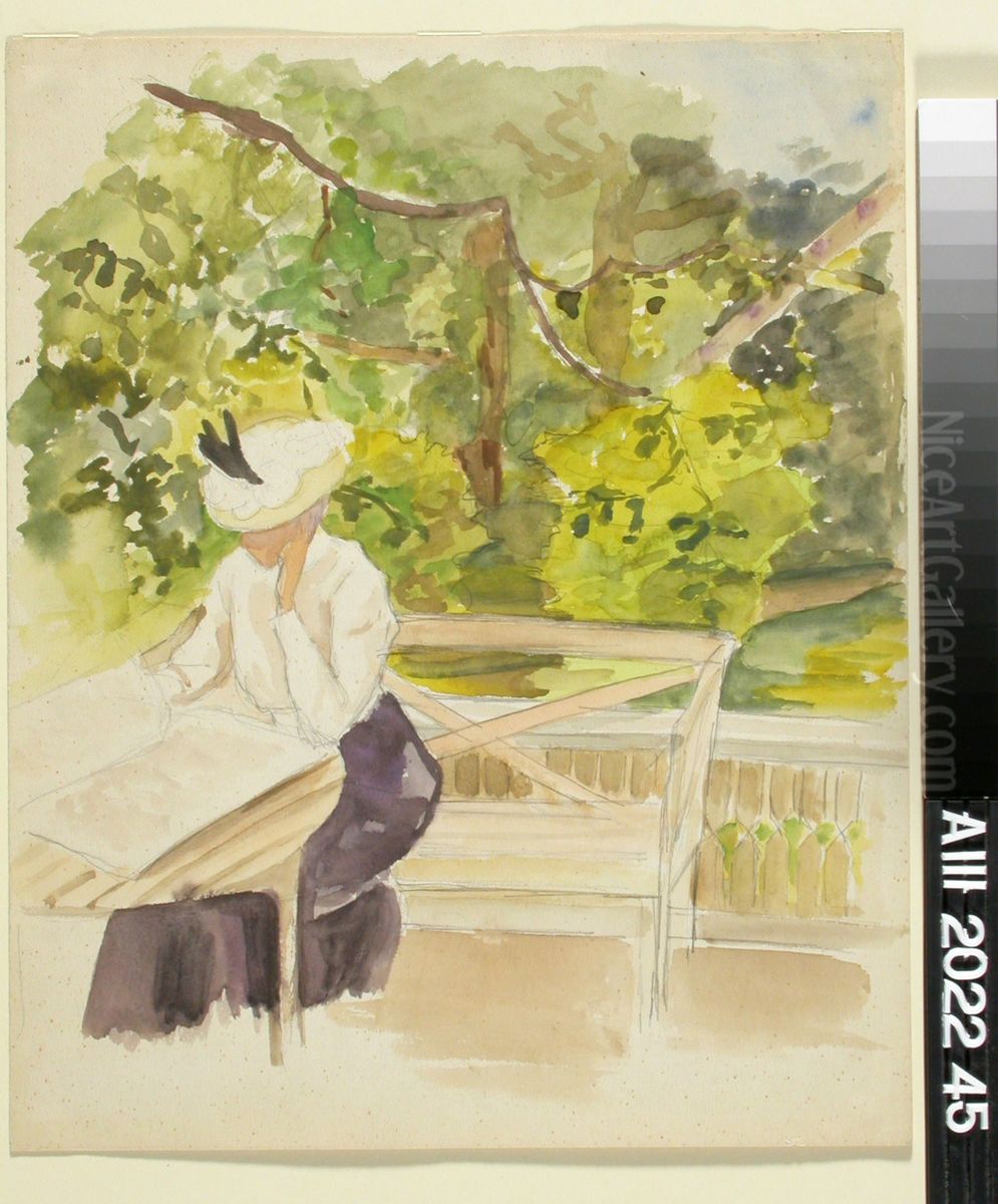 Lukeva nainen puutarhassa Oil Painting by Albert Edelfelt