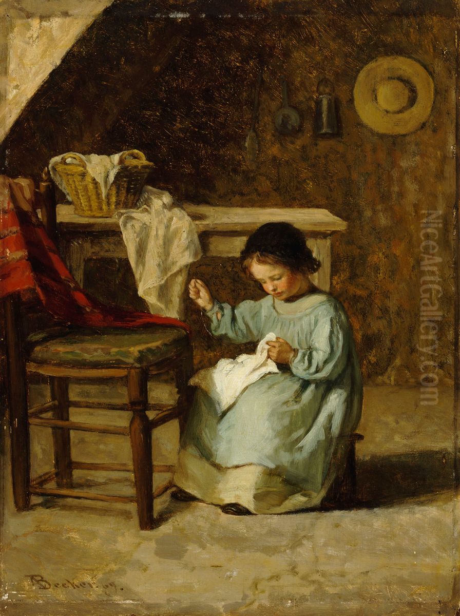 Girl Sewing Oil Painting by Adolf von Becker