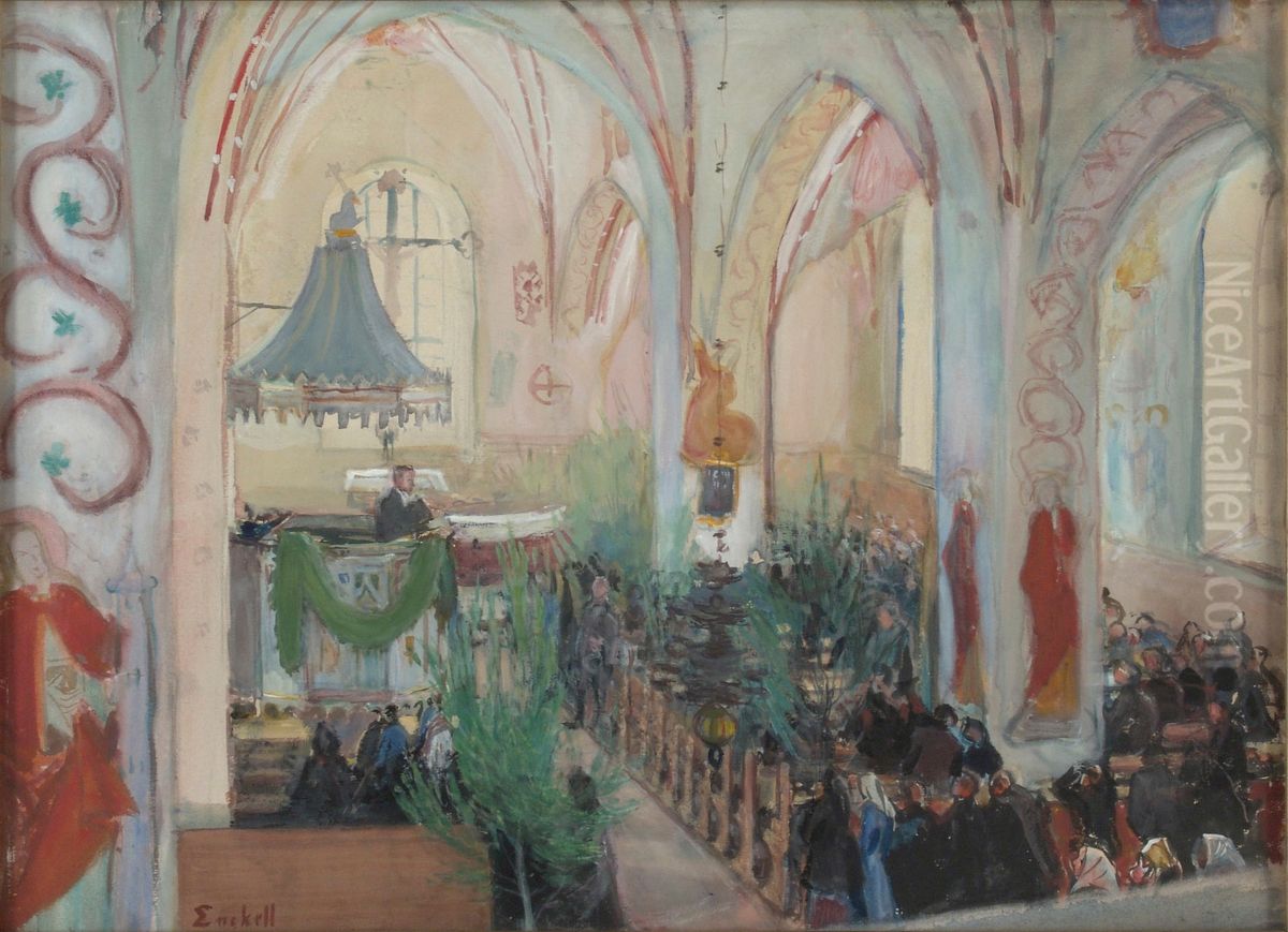Juhannusjumalanpalvelus Lohjan kirkossa Oil Painting by Magnus Enckell
