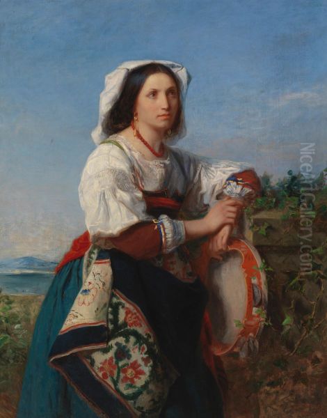 En italienska med tambour de basque Oil Painting by Erik Johan Lofgren