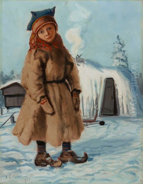 A Lappish Tepee Oil Painting by Juho Kyyhkynen