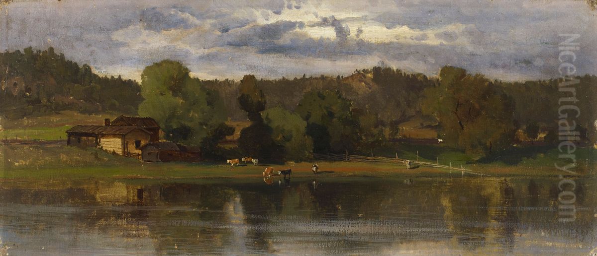 Cows at Lakeside, Evening Atmosphere Oil Painting by Hjalmar Munsterhjelm