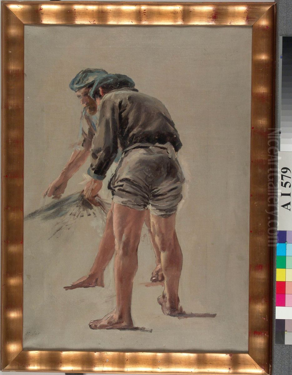 Kaksi italialaista kalastajaa, harjoitelma Nuotanveto Korsikan rannikolla-nimista maalausta varten Oil Painting by Aukusti Uotila Kaksi italialaista kalastajaa, harjoitelma Nuotanveto Korsikan rannikolla-nimista maalausta varten Oil Painting by Aukusti Uotila