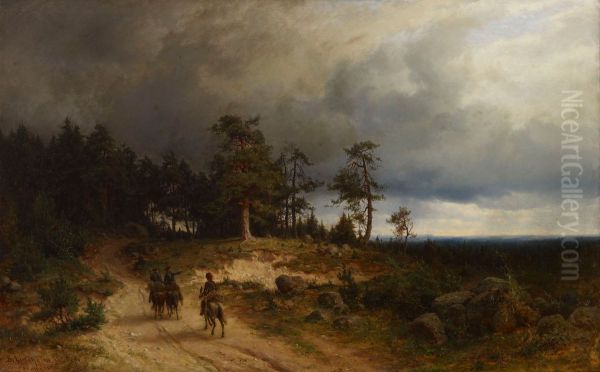 Ratsastavia kasakoita itasuomalaisessa maisemassa Oil Painting by Berndt Lindholm