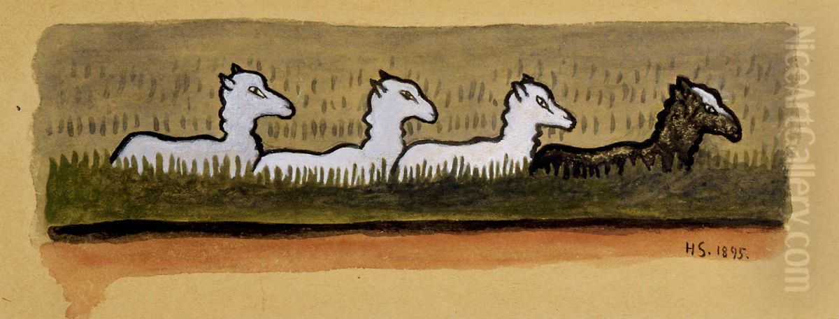 Sheep in Line Oil Painting by Hugo Simberg