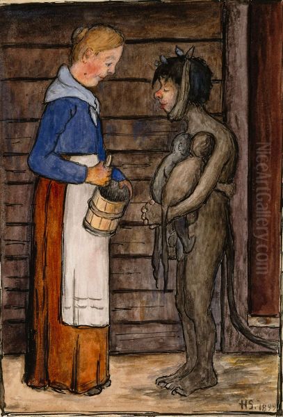The Farmer's Wife and the Poor Devil Oil Painting by Hugo Simberg