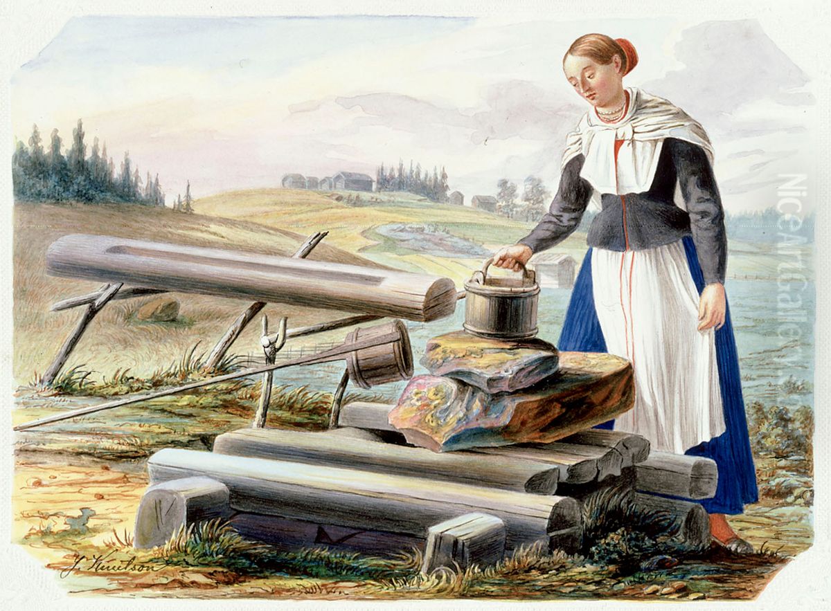 Nainen kaivolla Oil Painting by Johan Knutson