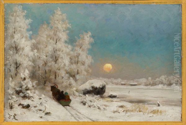 Winter Night, Moon Rising Oil Painting by Fredrik Ahlstedt