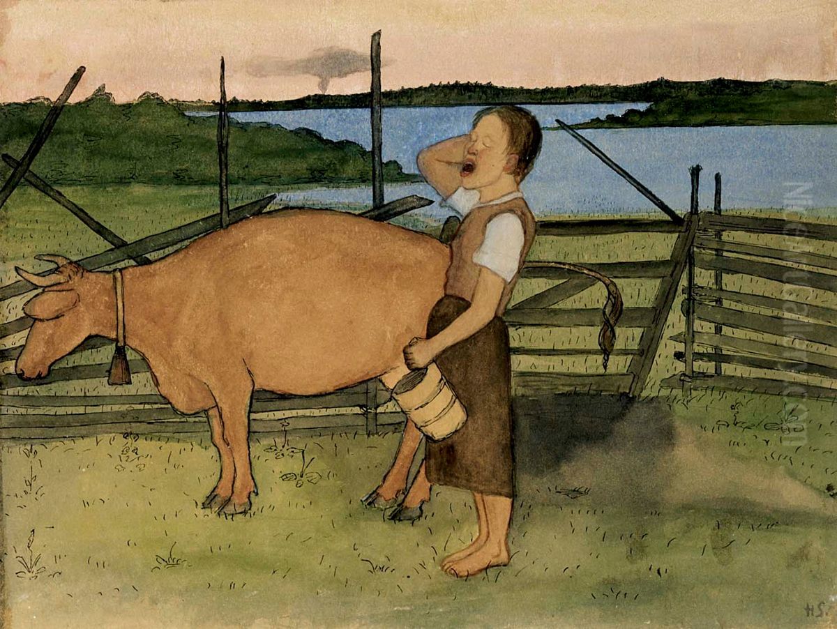 Morning Milking Oil Painting by Hugo Simberg