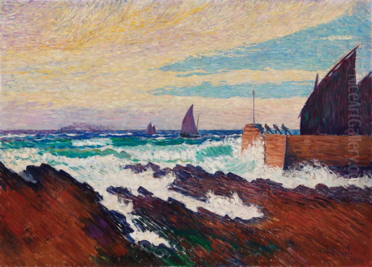 Rosehearty pier (Roseheartyn aallonmurtaja) Oil Painting by Alfred William Finch