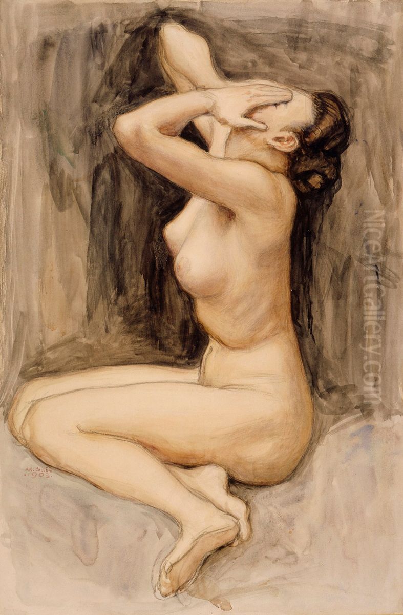 Fortvivlad, forarbete till fresken Vid Tuonela alv i Juseliuska gravkapellet Oil Painting by Akseli Valdemar Gallen-Kallela